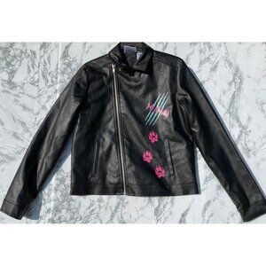 Def Leppard Girls Moto Jacket Black Leather Look Size 14/16 With Pink Paw Prints
